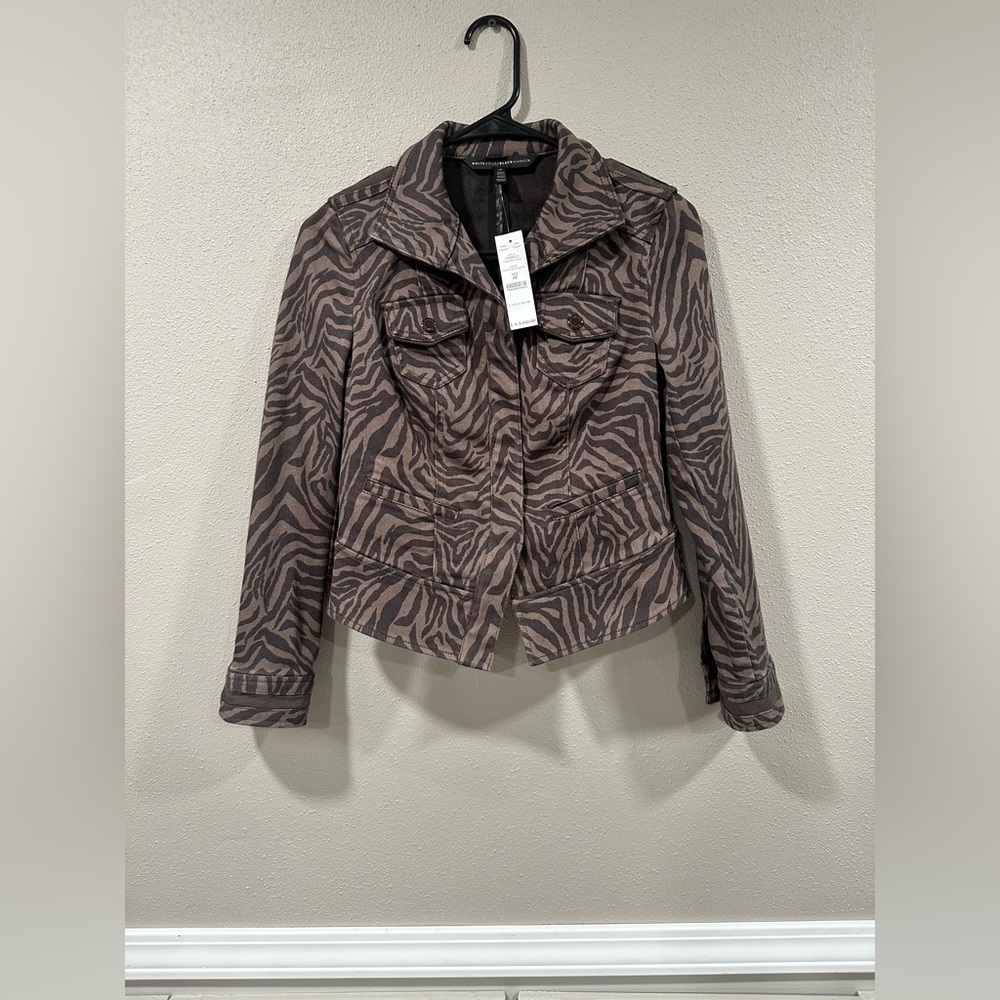 NWT White House Black Market Espresso Zebra Print Denim Jacket Size 0P - Picture 2 of 7